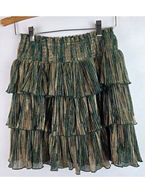 Fanco Women's Skirt Size Small Green Gold Metallic Shimmer Tiered Elastic Waist